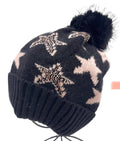B0817 Black Stars W/ Fake Fur Pom Beanie Hat LOOWIE