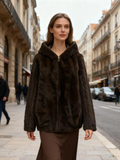 MCZJCH One Size Chocolate Plush Hooded Faux Fur Zip Jacket