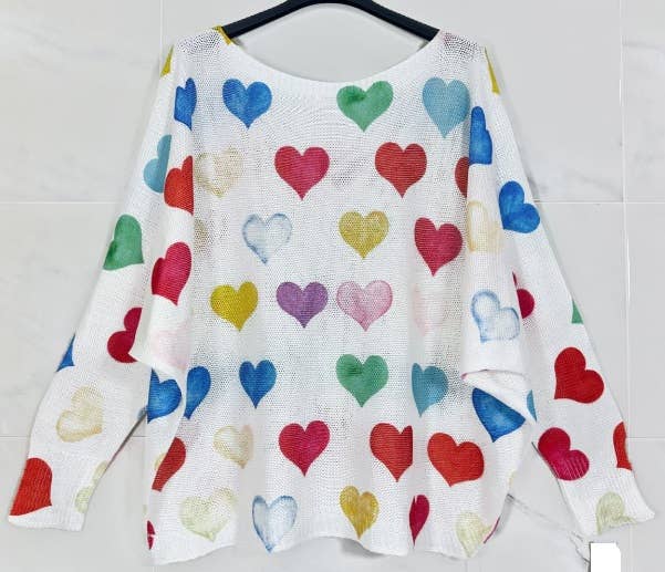 Multi Hearts  V-Neck Knit Printed Long Sleeves Sweater