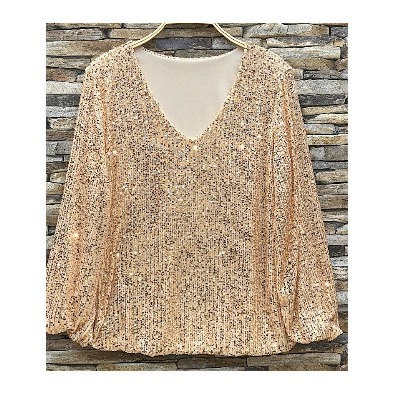 ELSEQG Italian One Size Gold Sequined Blouse LOOWIE