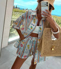 ESTBPSWH Beach Print Cotton Shirt and Shorts Set White