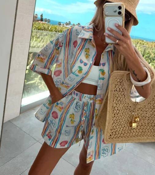 ESTBPSWH Beach Print Cotton Shirt and Shorts Set White
