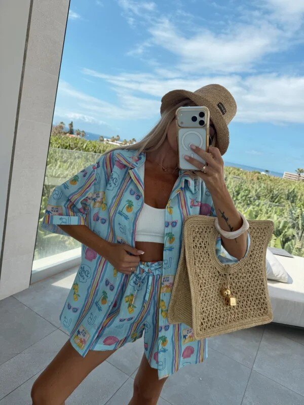 ESTBPSLB Beach Print Cotton Shirt and Shorts Set Light Blue