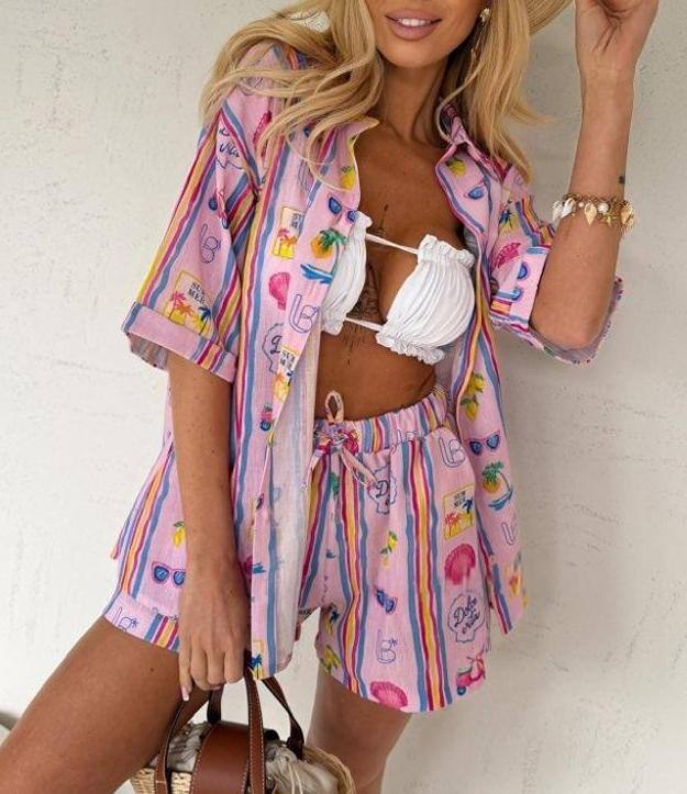 ESTBPSPK Beach Print Cotton Shirt and Shorts Set Pink