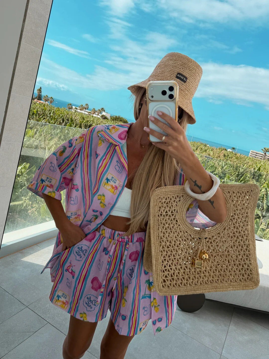 ESTBPSPK Beach Print Cotton Shirt and Shorts Set Pink
