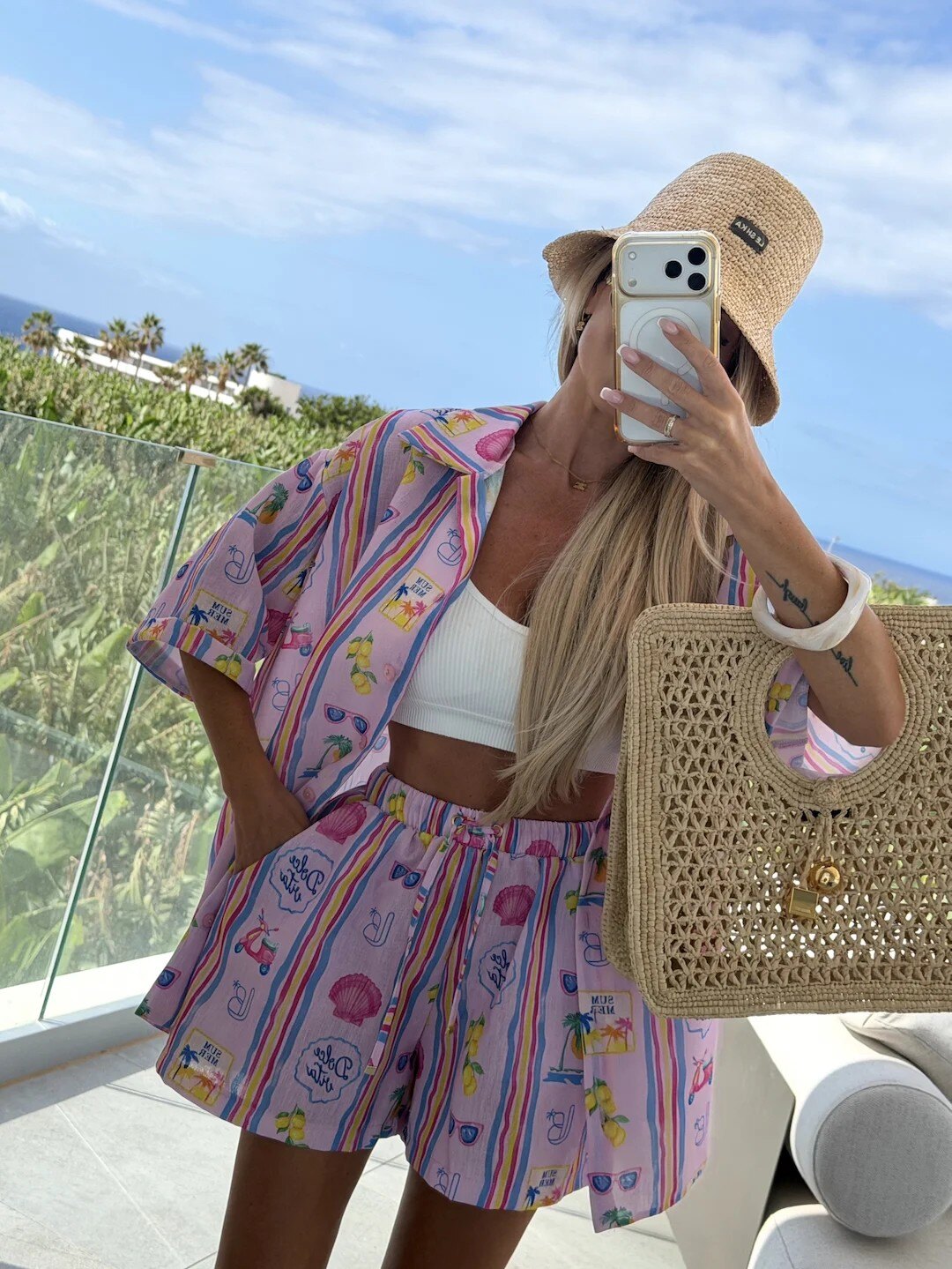 ESTBPSPK Beach Print Cotton Shirt and Shorts Set Pink