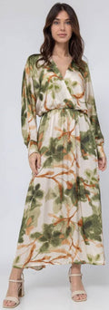 MEN227  Italian Olive Floral Wrap Maxi Dress LOOWIE