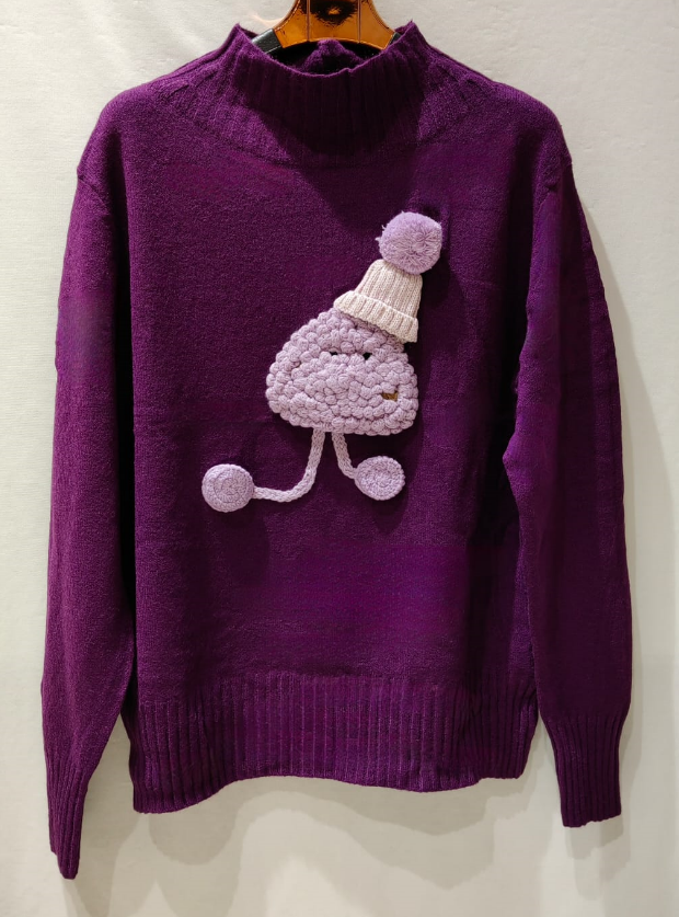 MC548 Purple Soft Sweater with Adorable Knitted Character