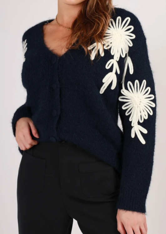 IA89 Navy Floral Embroidered Cozy Cardigan Sweater LOOWIE