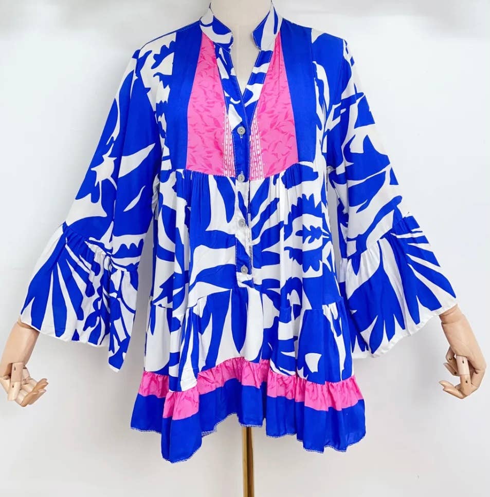 VSFE8 Blue Italian One Size Floral Large Blouse LOOWIE