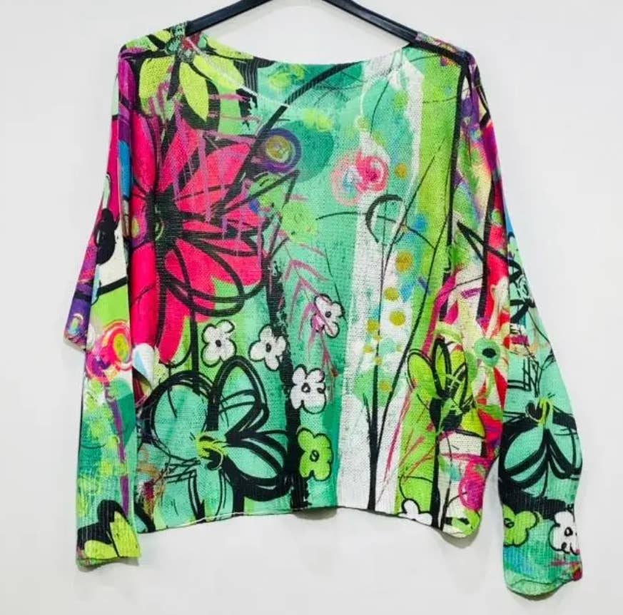 C0230 Green Floral Round Knit Printed Sweater LOOWIE