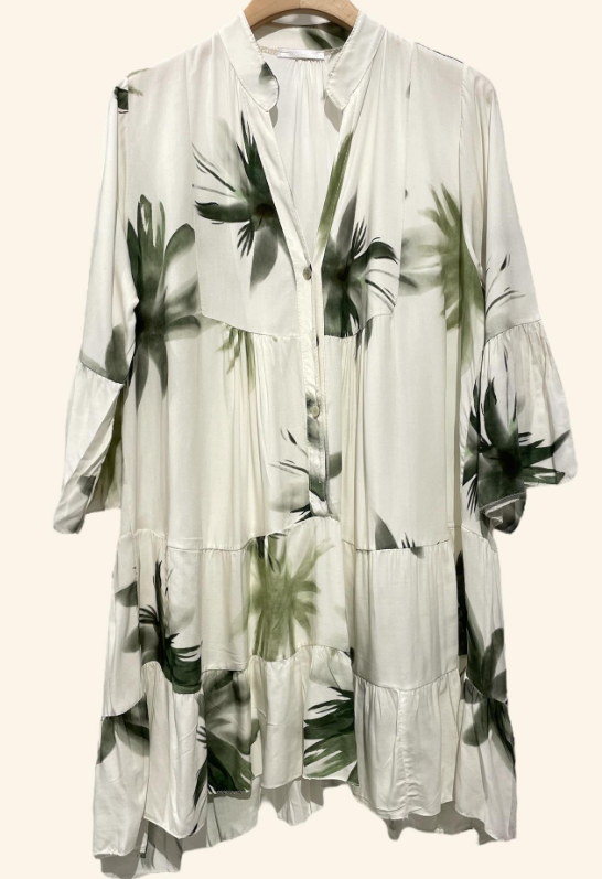 9802FO Olive Floral Tiered Short Dress 3/4 Sleeves LOOWIE