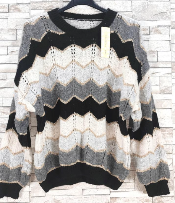 Zig-Zag One Size Soft Black Gray Sweater Round Neck LOOWIE
