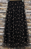 EL125HBL Black Sheer Overlay Heart Print  Maxi Skirt