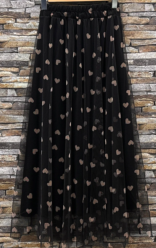 EL125HBL Black Sheer Overlay Heart Print  Maxi Skirt