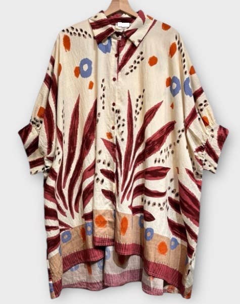 OF08W Italian Wine Oversized Button Shirt 3/4 Sleeves LOOWIE