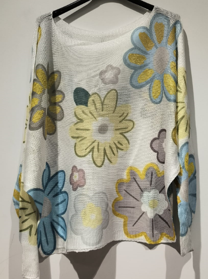 POFLO White Daisy Round Knit Printed Sweater LOOWIE