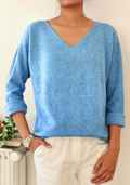 Z813 Italian One Size Blue V-Neck Knit Soft Sweater LOOWIE
