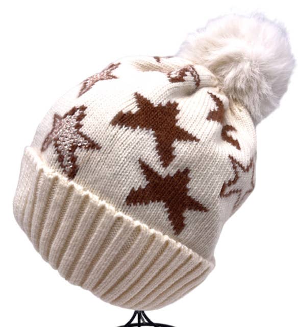BO816 Beige Stars w/ Fake Fur Pom Beanie Hat LOOWIE