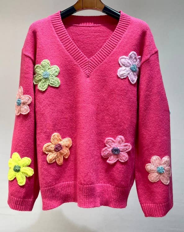 MC040 Fuchsia Soft Comfy Sweater Embroidered Flowers LOOWIE