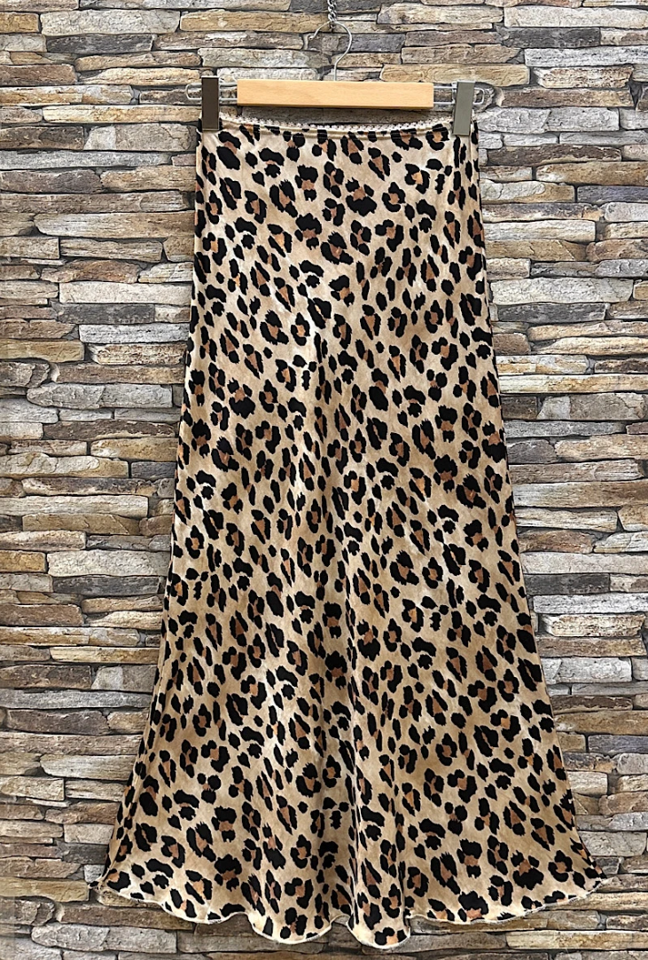 ESSLB Leopard Satin Midi Skirt with Lace Trim Viscose