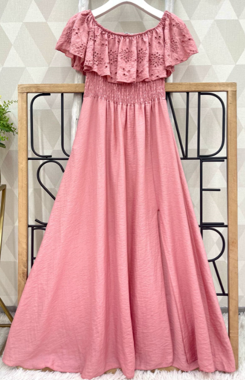 SW512P Pink Off-the-Shoulder Ruffled Eyelet Maxi Dress