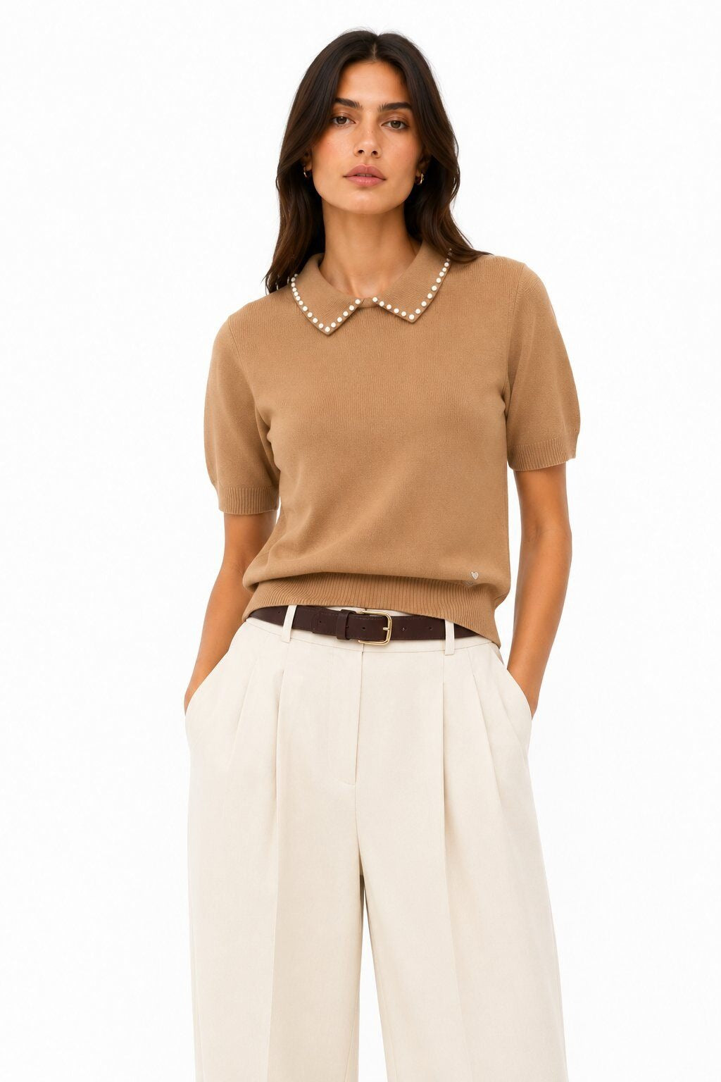 LUPCP6 Camel Pearl Collar Sweater