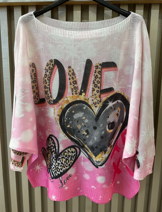 EULOVP Pink LOVE Round Neck Knit Printed Sweater