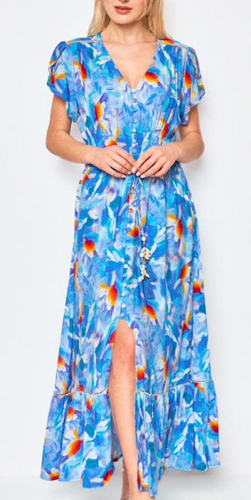 CIR106R Royal Bohemian V-Neck Maxi Dress w/ Flutter Sleeves