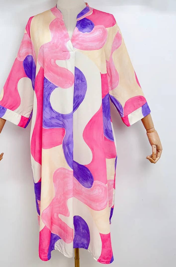 SV347 Italian One Size Abstract Fuchsia Purple Midi Dress