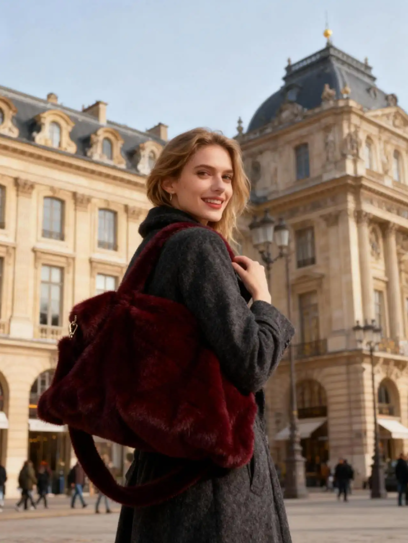 MCFBBU Burgundy Faux Fur Fun Bag with Double Handle