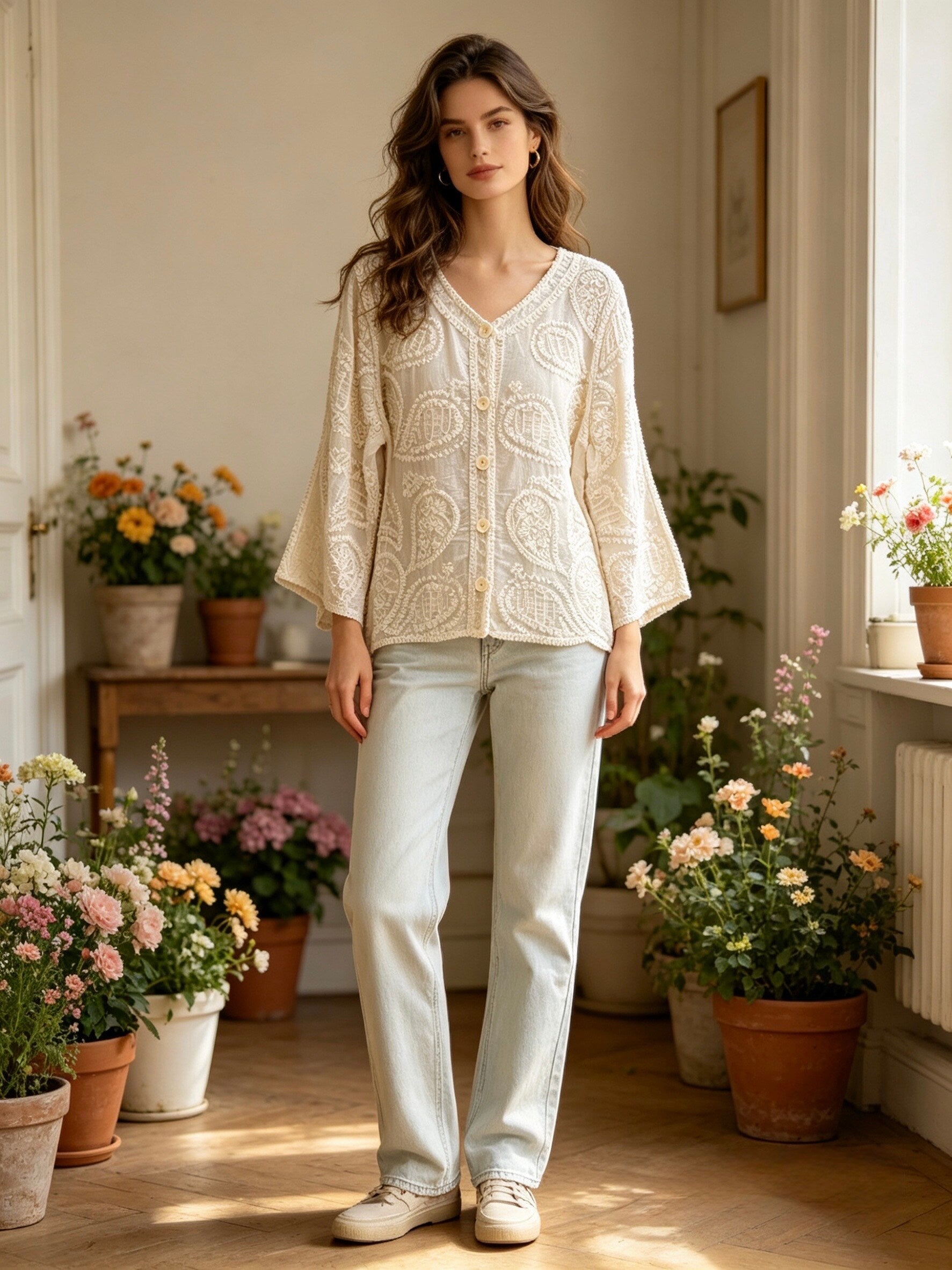 MSGBFBG Floral Embroidered Cotton Cardigan Beige