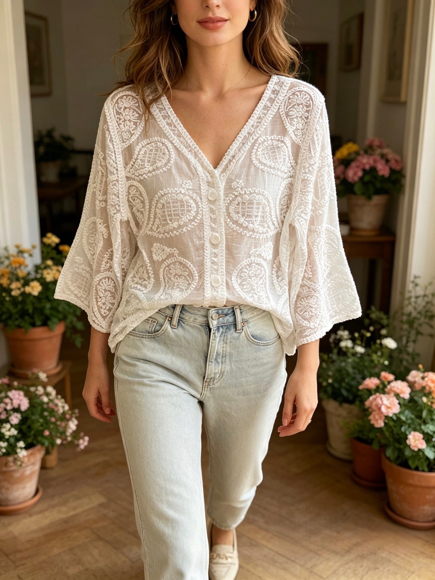 MSGBFWH Floral Embroidered Cotton Cardigan White