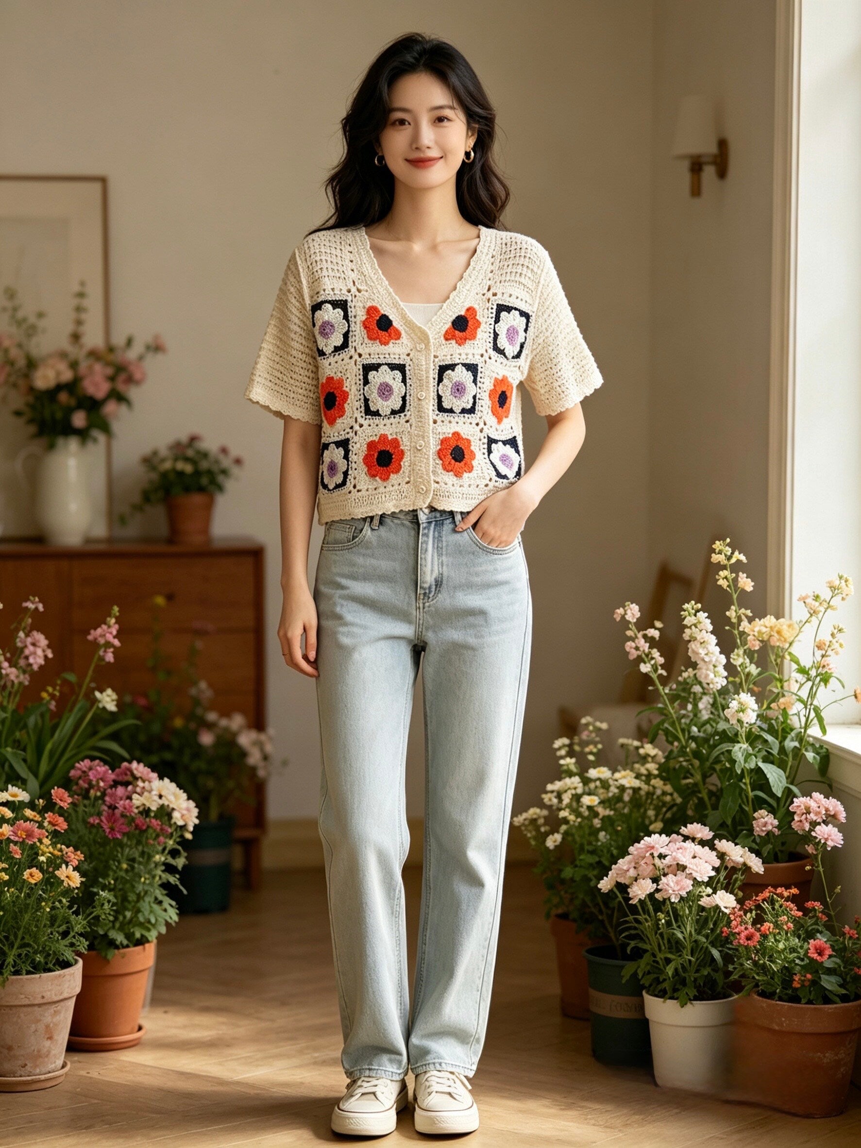 MSGCFBG Short Floral Crochet Cotton Cardigan Beige