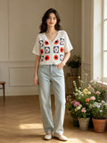 MSGCFWH Short Floral Crochet Cotton Cardigan White