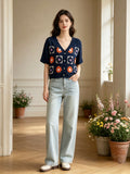 MSGCFNV Short Floral Crochet Cotton Cardigan Navy