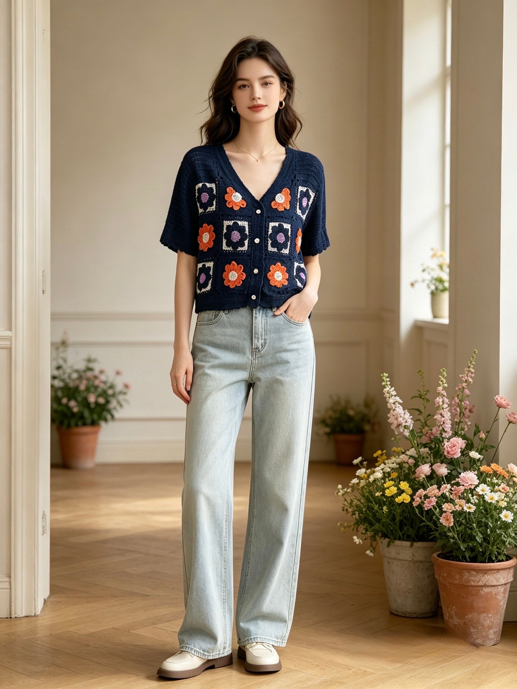 MSGCFNV Short Floral Crochet Cotton Cardigan Navy