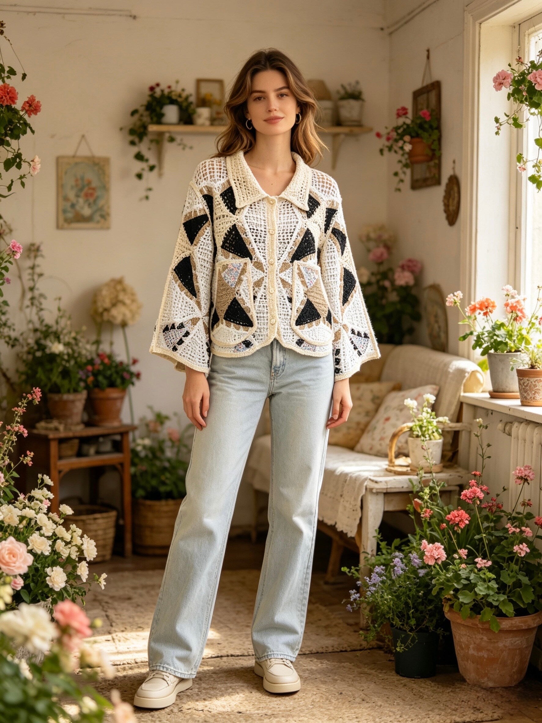 MSCJMWH Patterned Crochet Open Cardigan White