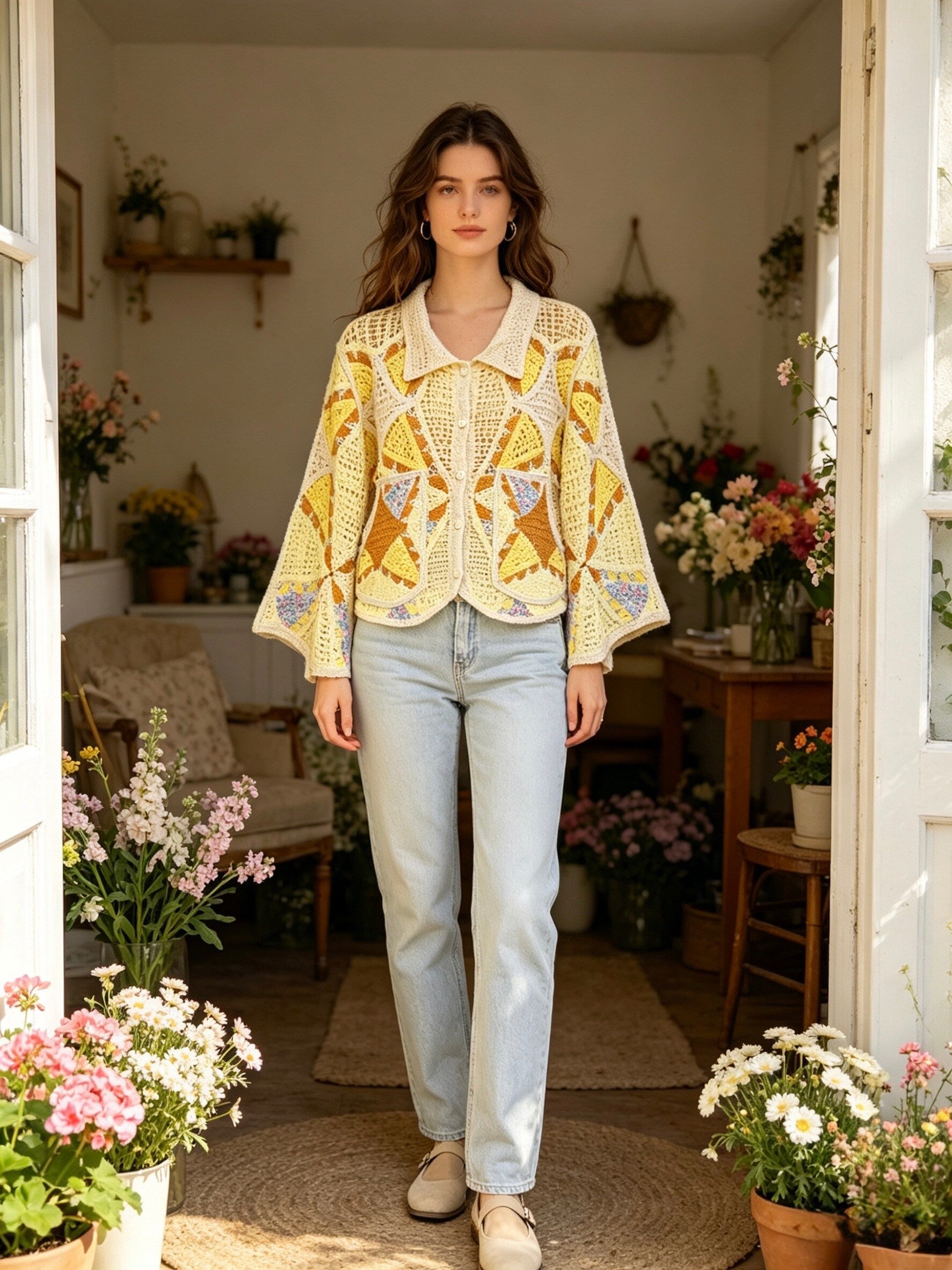 MSCJMYL Patterned Crochet Open Cardigan Yellow