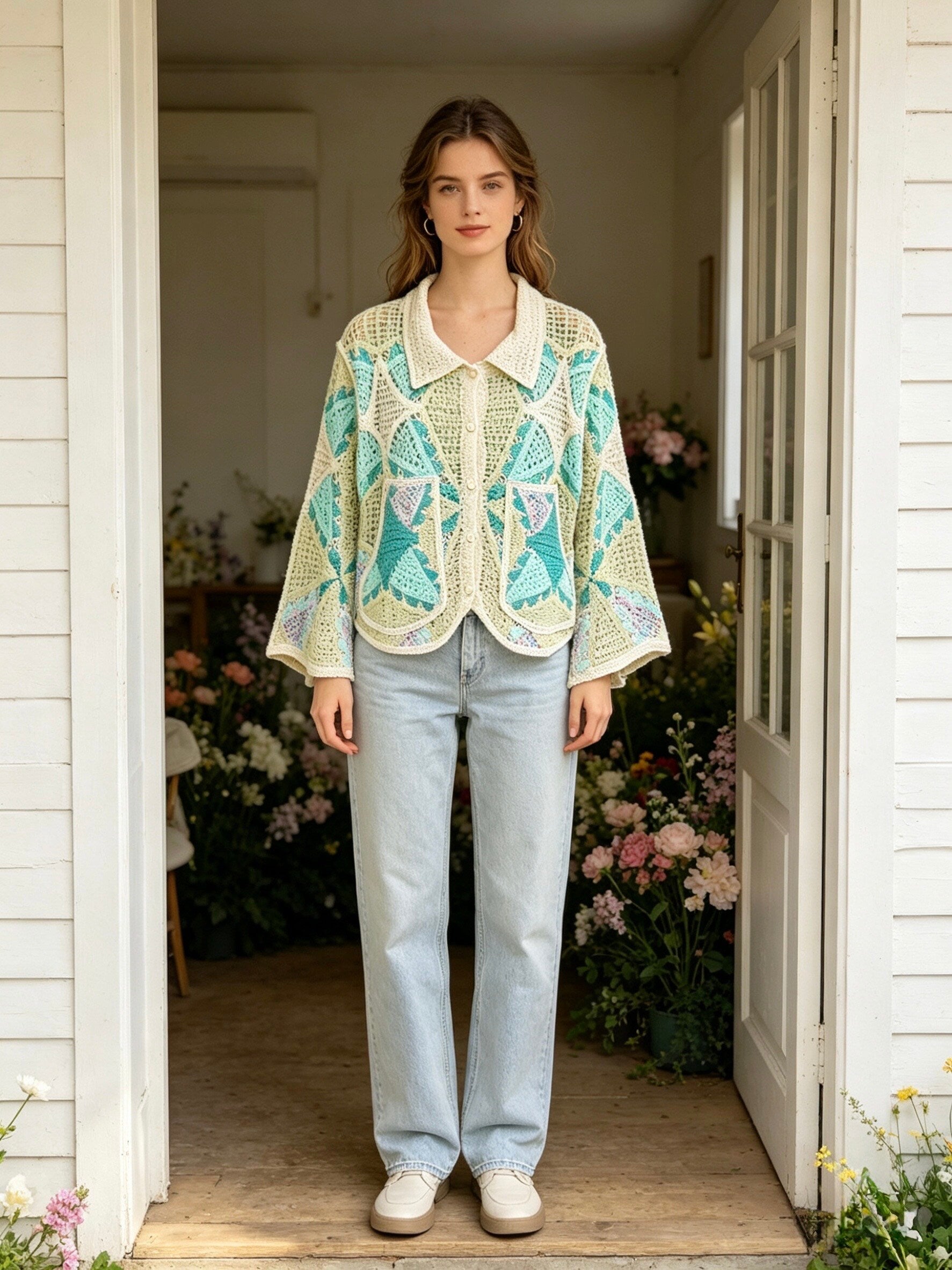 MSCJMMG Patterned Crochet Open Cardigan Mint Green
