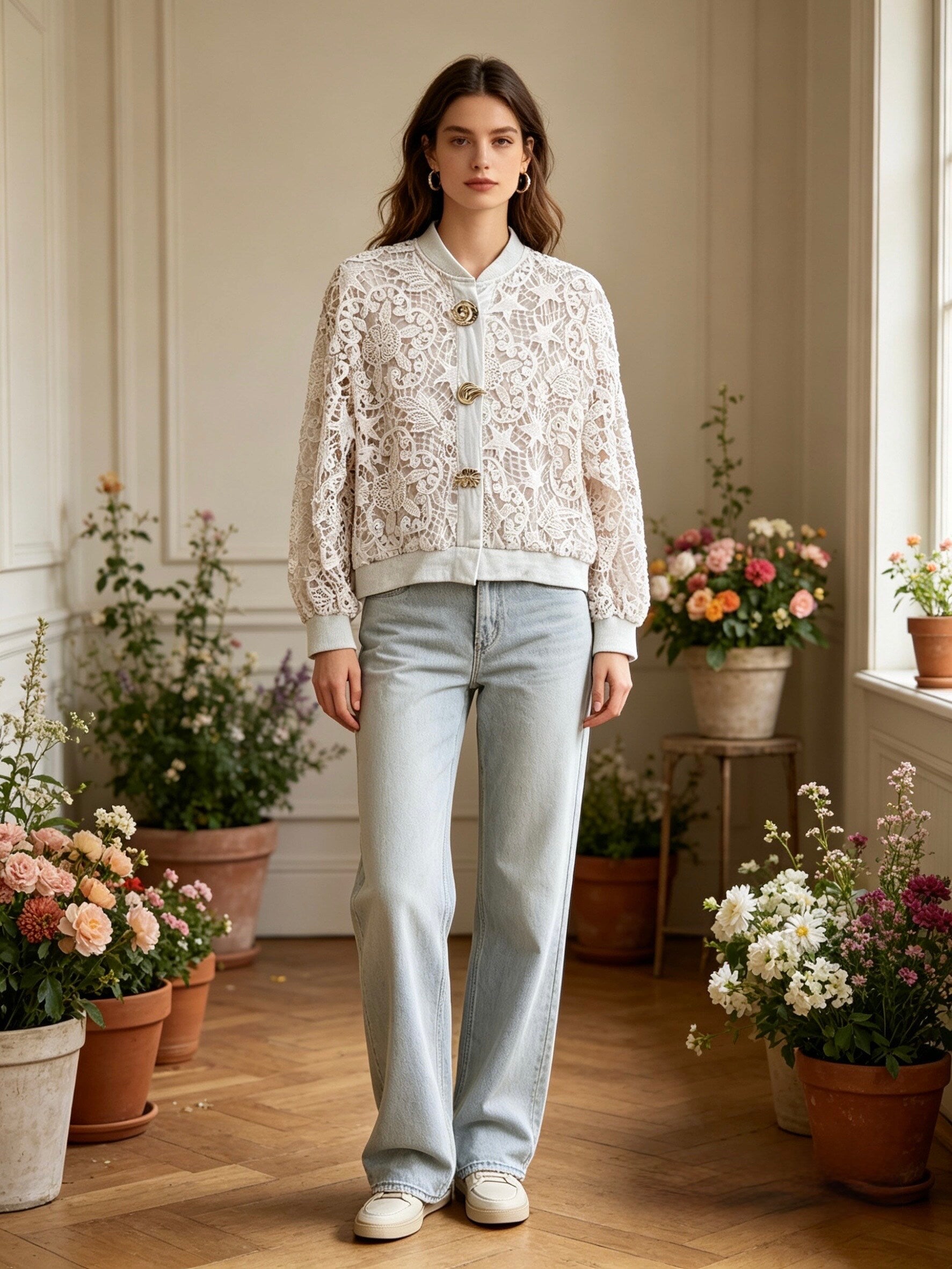 MSLLSBG Long Sleeve Openwork Lace Cotton Cardigan Beige