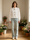 MSLLSWH Long Sleeve Openwork Lace Cotton Cardigan White