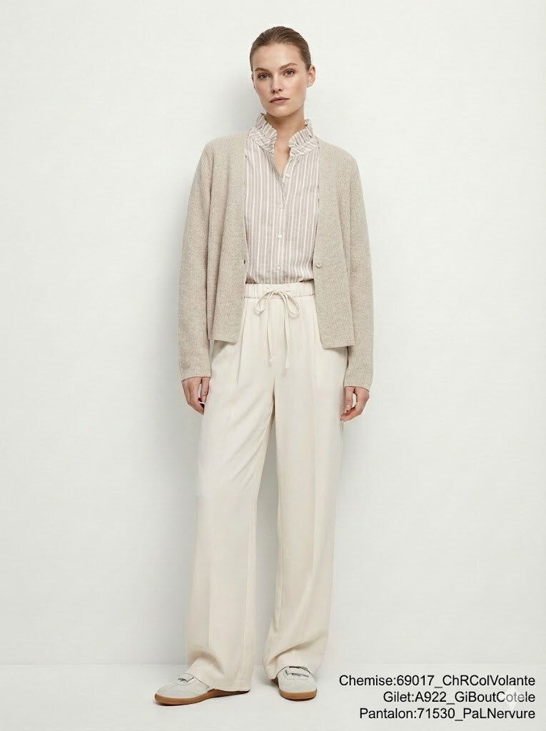 MYRKCBBG Ribbed Knit Cardigan with Button T-Shirt Beige