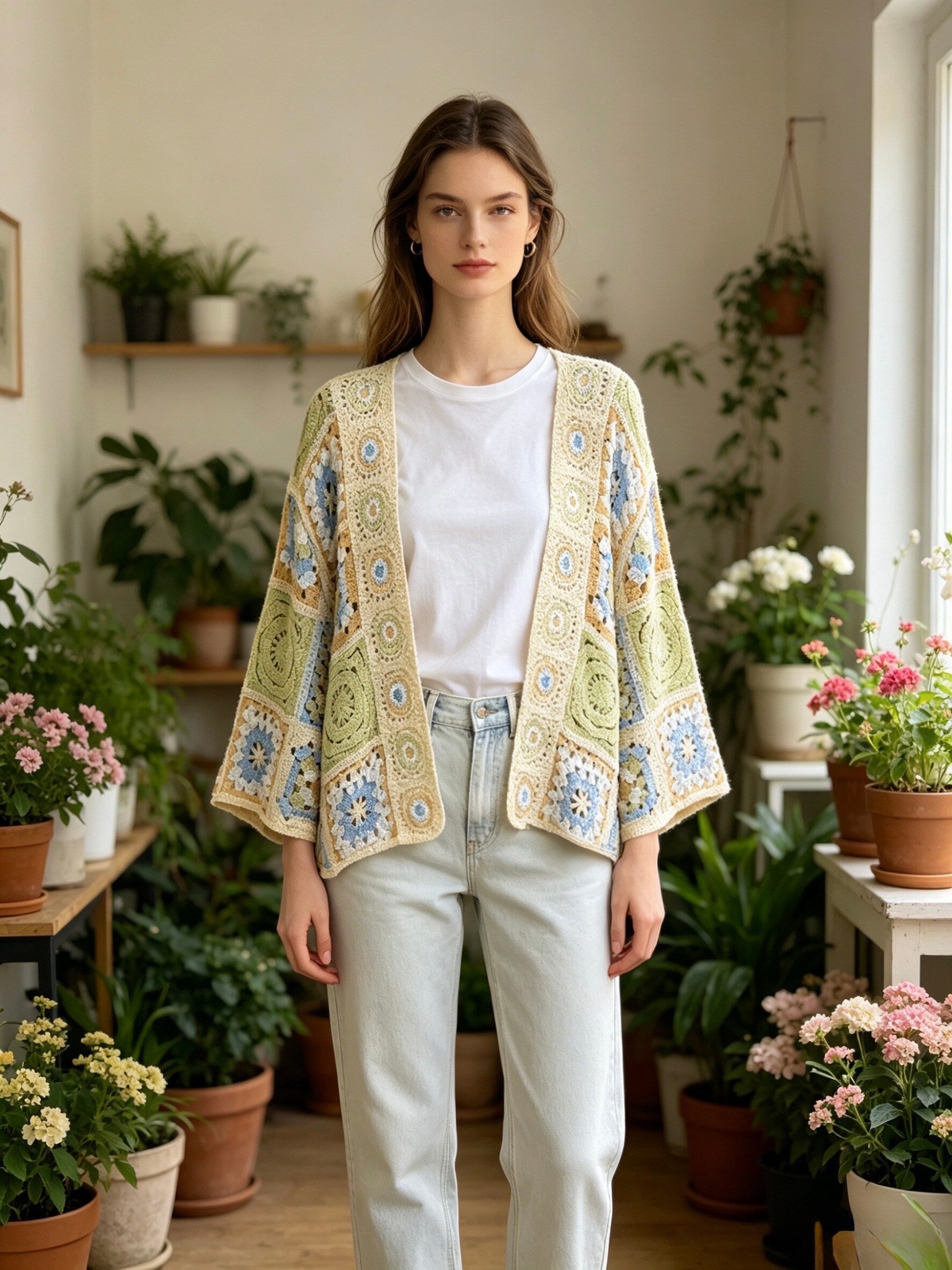 MSCPFBG Patchwork Floral Crochet Cotton Cardigan Beige