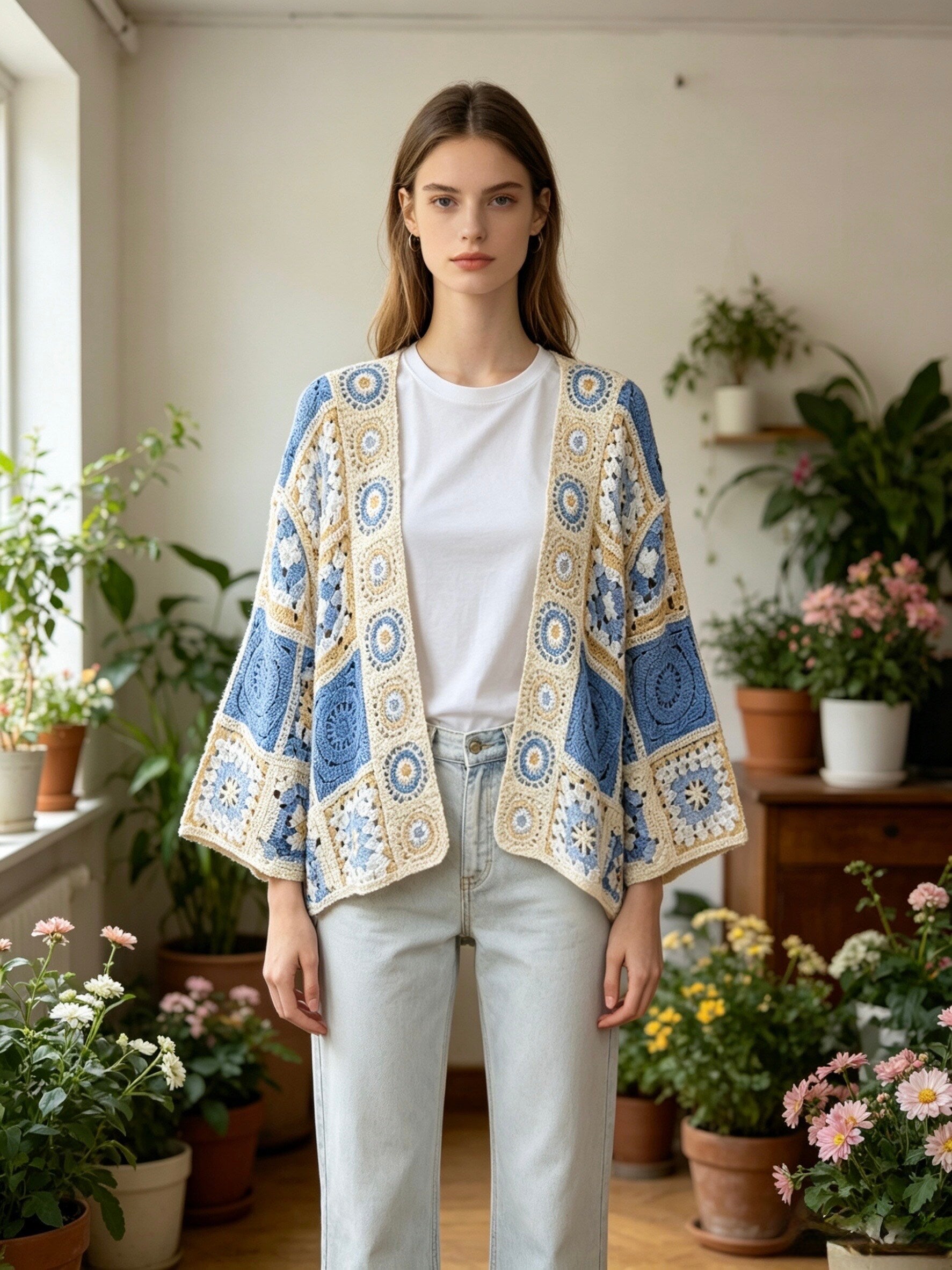 MSCPFLB Patchwork Floral Crochet Cotton Cardigan Light Blue