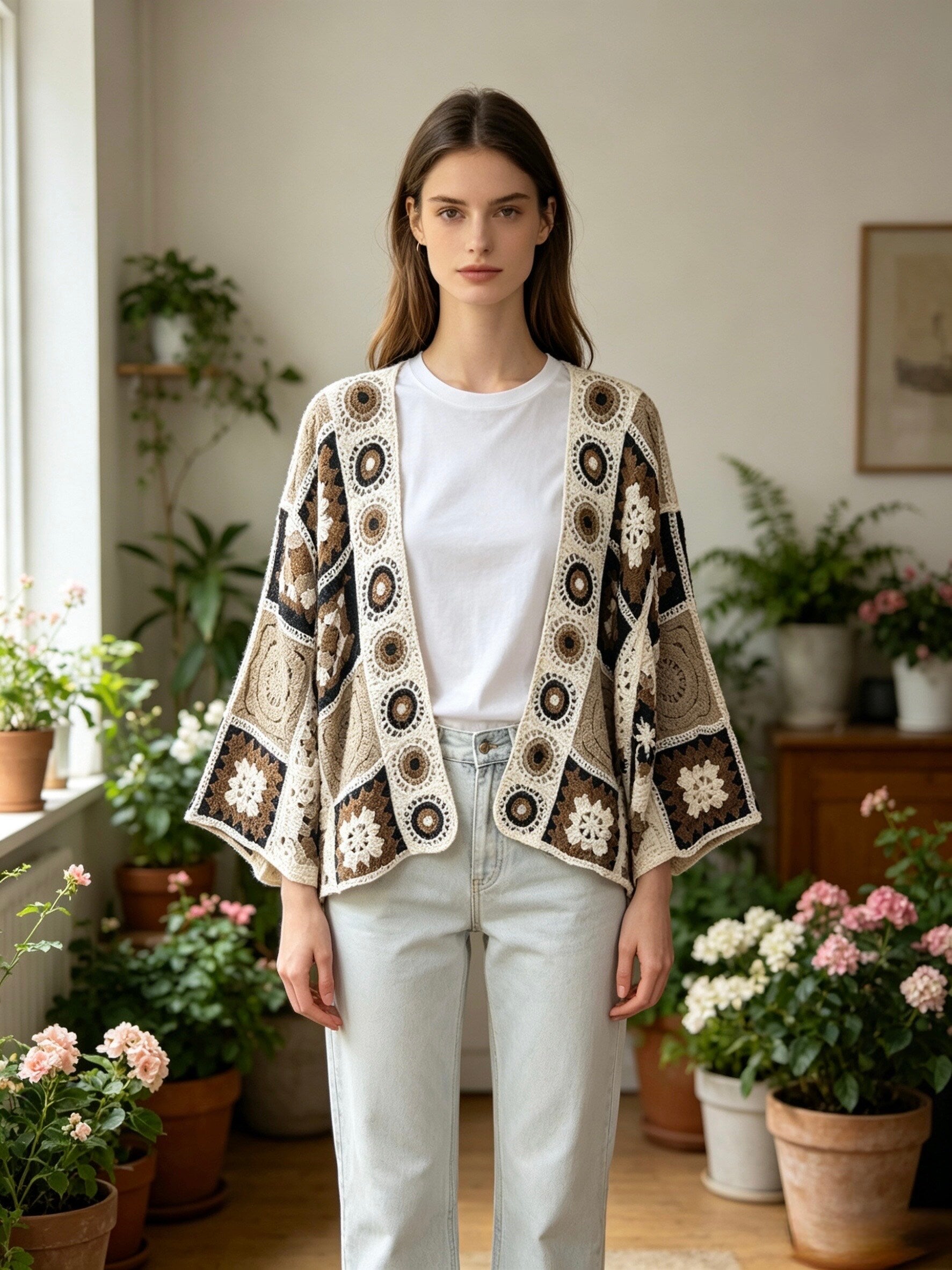 MSCPFCH Patchwork Floral Crochet Cotton Cardigan Chocolate
