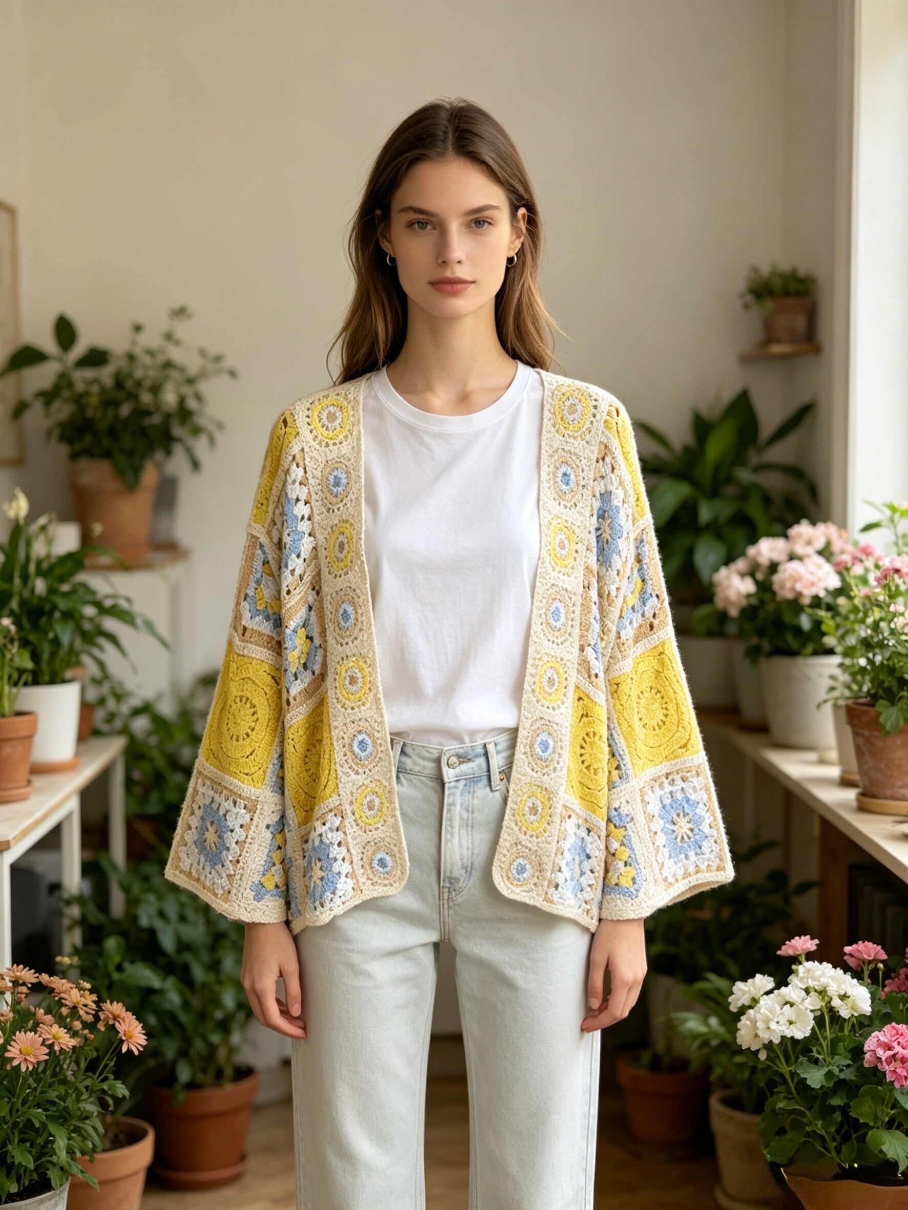 MSCPFYL Patchwork Floral Crochet Cotton Cardigan Yellow