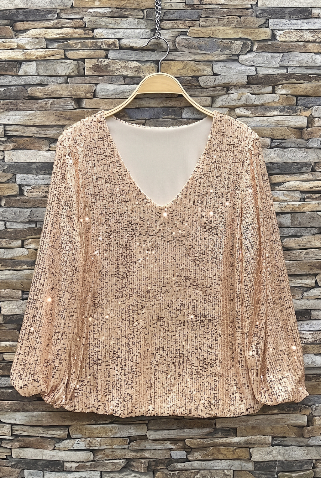 ES162 Beige Sequin V-Neck Top