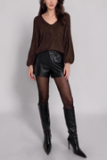 ES164 Dark Brown Sequin V-Neck Top