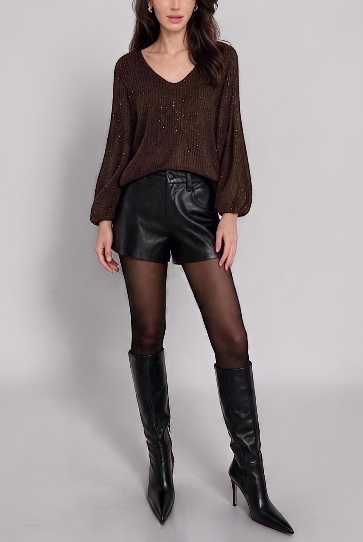 ES164 Dark Brown Sequin V-Neck Top